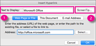 Office for Mac の [ハイパーリンク] ダイアログ ボックス