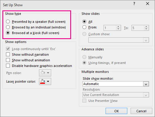 PowerPoint の自動プレゼンテーションを設定するダイアログ ボックス