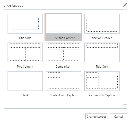 PowerPoint for the webの [スライド レイアウト] ダイアログ ボックス。