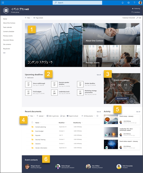 数値を含むイベント計画 SharePoint サイト テンプレートのスクリーンショット
