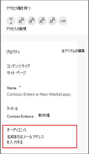 対象ユーザーを入力するためのオプションを含む [ページの詳細] ウィンドウ