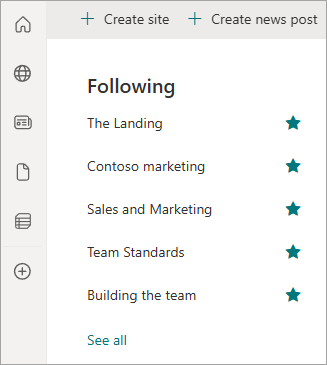 左側のナビゲーション ウィンドウとフォローしている SharePoint サイトを示すスクリーンショット。