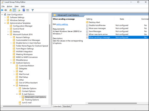 Outlook の詳細メール オプションの例
