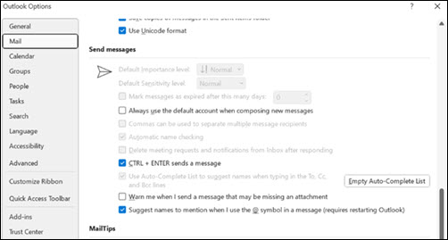 Outlook オプションが無効な設定