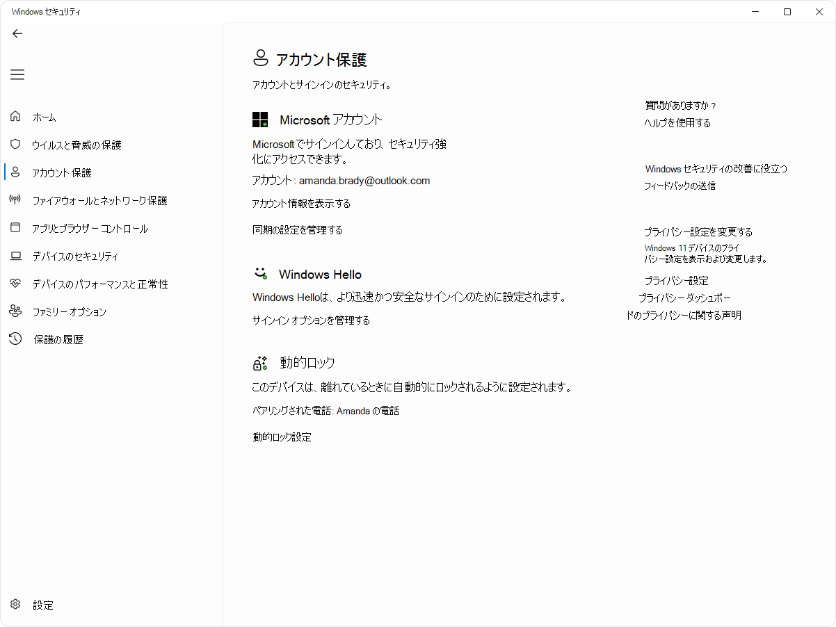 Windows セキュリティ アプリのアカウント保護ページのスクリーンショット。