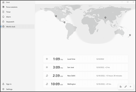 既存の場所を持つ Clock アプリを表示します。メニューは左側にあり、上部の中央の地図には場所が表示され、下のリストには都市名とそれらの場所の時刻が示されています。