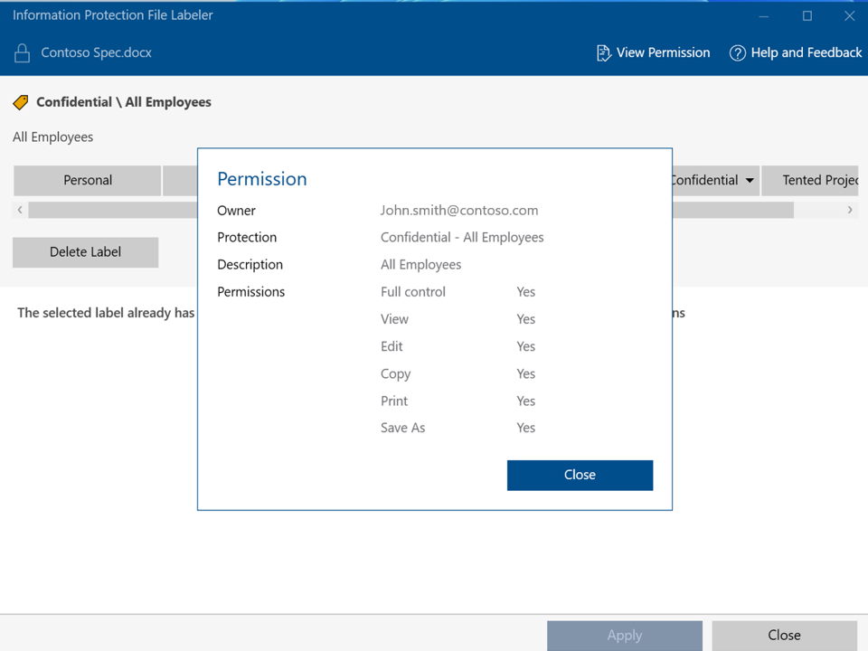 Microsoft Purview Information Protection ファイル ラベラーを使用してアクセス許可を表示する