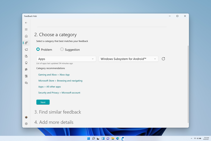 [フィードバック ハブ] ウィンドウのスクリーンショット。[アプリ] がカテゴリとして選択され、次に [Android 用 Windows サブシステム] がサブカテゴリとして選択されています。