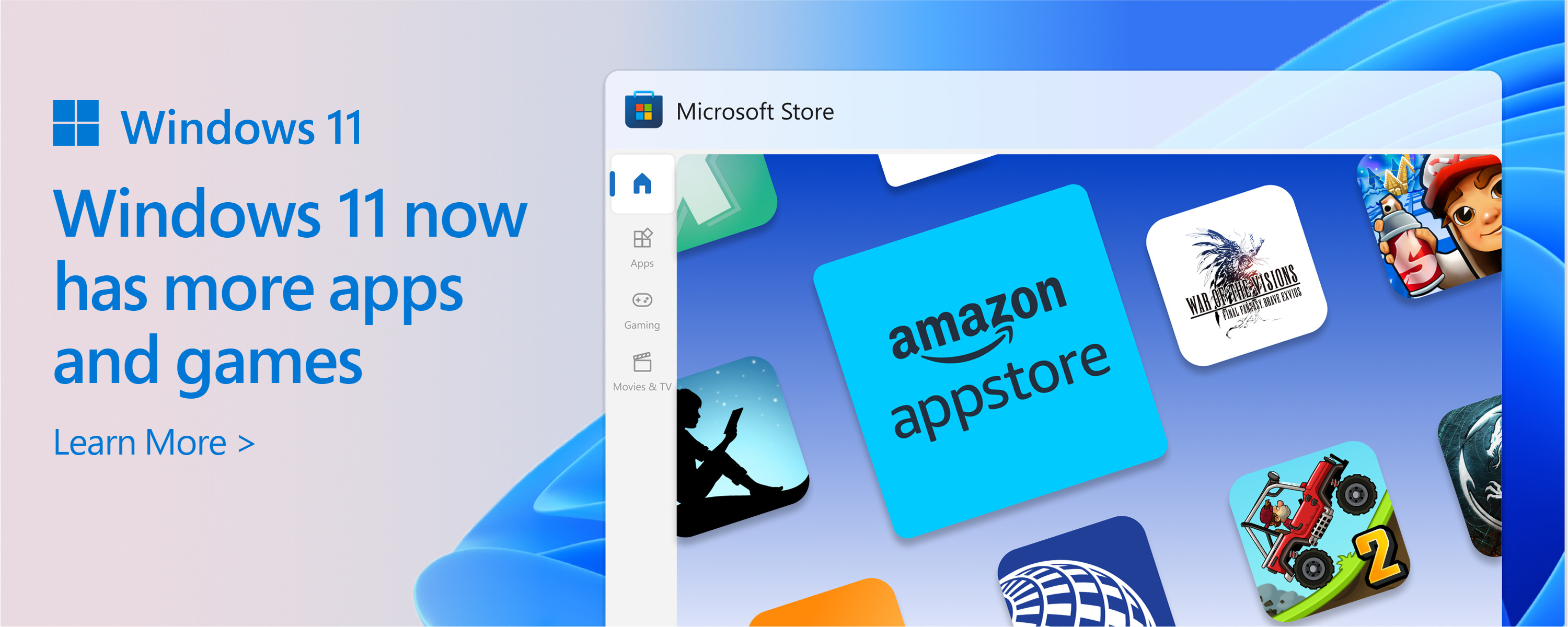 Microsoft Store のスクリーンショットとテキスト: Microsoft Stores カタログが増えています。Windows 11は、必要なアプリやゲームの多くを提供します。