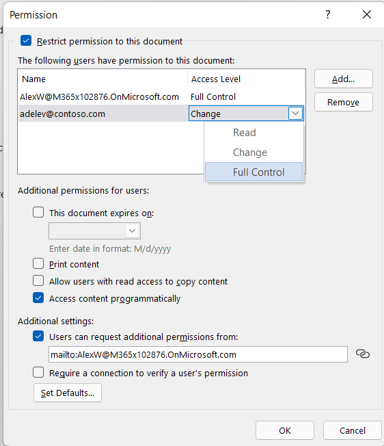 ファイルへのアクセスを制御するための追加オプションを示す IRM 設定の [その他のオプション] ダイアログ。
