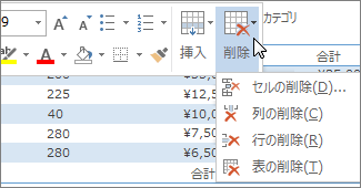 ミニ ツール バーに表示されている [削除] メニュー