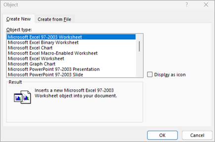 Word ドキュメントにオブジェクトを挿入するために使用する [オブジェクト] ダイアログ ボックスを示すスクリーンショット。