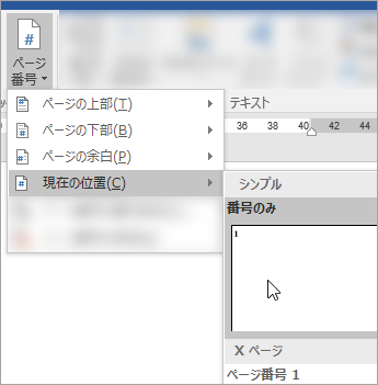 ドキュメント内の現在の位置にある [プレーン形式] ページ番号を選択するスクリーン ショット