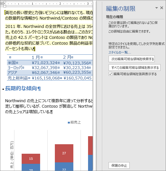 [編集の制限] 作業ウィンドウに編集のオプションが表示される