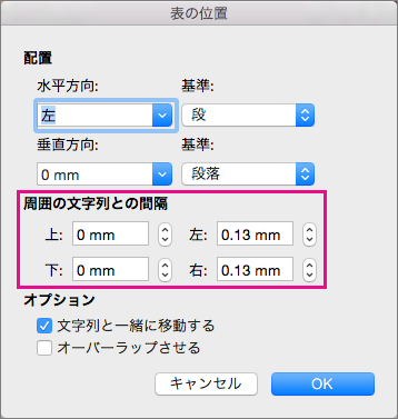 [周囲の文字列との間隔] で選択したテーブルと本文テキストとの間隔を設定します。