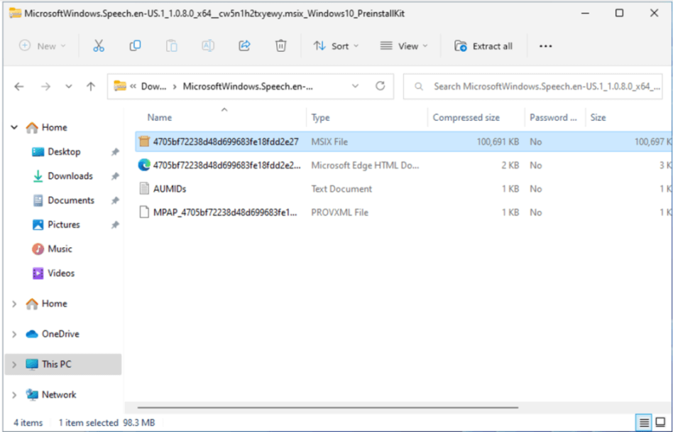 圧縮フォルダーで選択された MSIX ファイル
