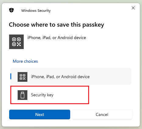 Windows 11にセキュリティ キーを保存する方法のスクリーンショット。