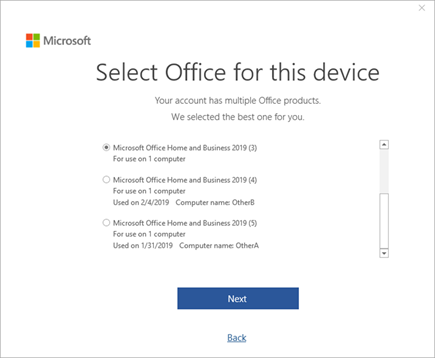 [このデバイスの Office を選択] ウィンドウのスクリーンショット