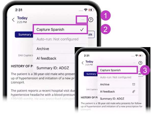 DAX Copilot mobile app with ellipses menu and Capture Spanish highlighted and then showing the checkmark removed from Capture Spanish.