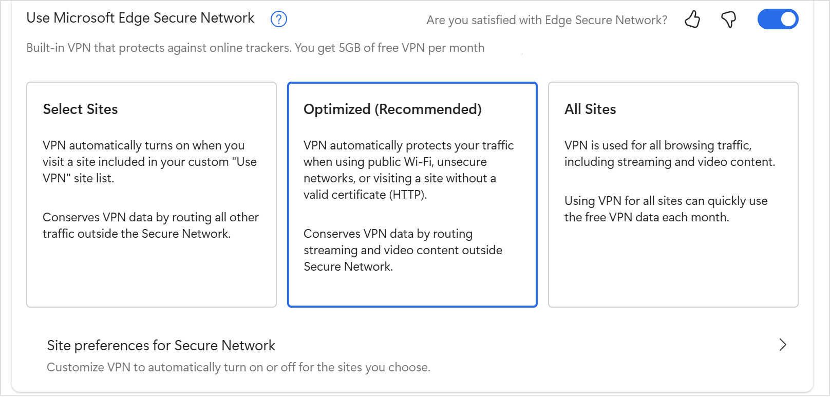 MicrosoftEdgeSecureNetwrok のオプションのスクリーンショット