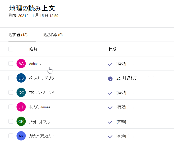 教師の採点ウィンドウの読み取り: Geography リーディング パッセージのスクリーンショット。2021 年 1 月 15 日午前 12 時 59 分に、(13) と Returned (0) を返す 2 つのタブがあります。[戻る] タブのビューが選択され、名前と状態の 2 つの列が表示されます。多数の学生名が一覧表示され、ステータスが 2 か月遅れて表示され