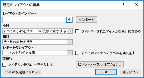 ピボットテーブルの既定オプション