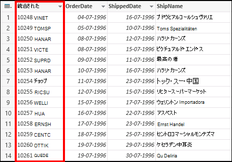 マージされた列