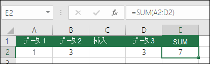 例は、列が挿入されると、数式 SUM が =SUM(A2:C2) から =SUM(A2:D2) に自動的に拡張することを示しています。