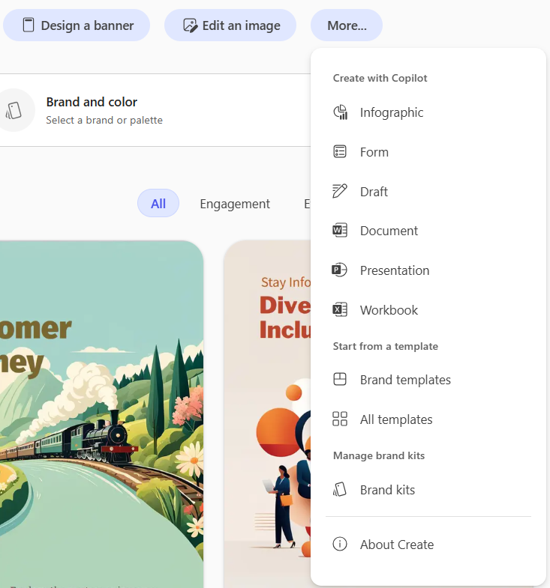 アプリで [その他] を選択し、[キットのブランド] を選択Microsoft 365 Copilot UI のスクリーンショット。