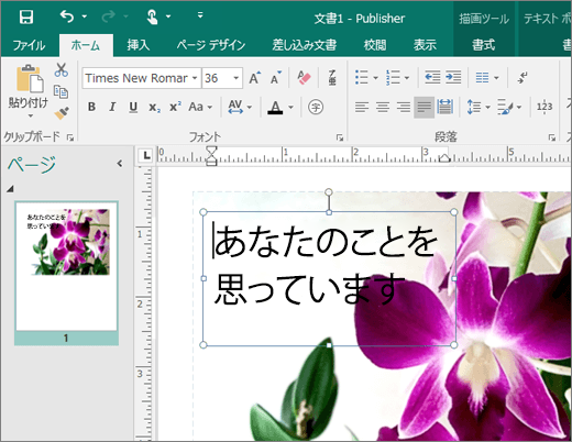 Publisher ファイルのページ上のテキスト ボックスのスクリーンショット。