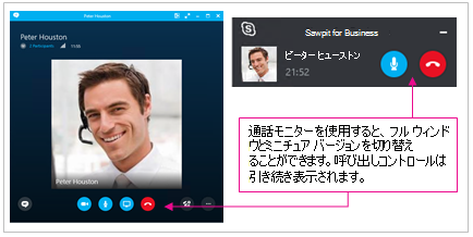 Skype for Business の全画面表示ウィンドウと最小化ウィンドウのスクリーン ショット