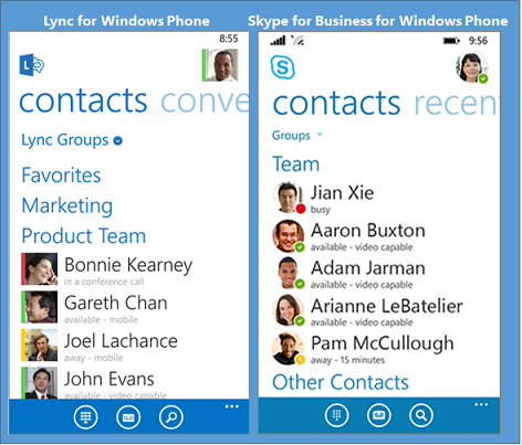 Lync とSkype for Business for Windows Phoneの比較を並べて