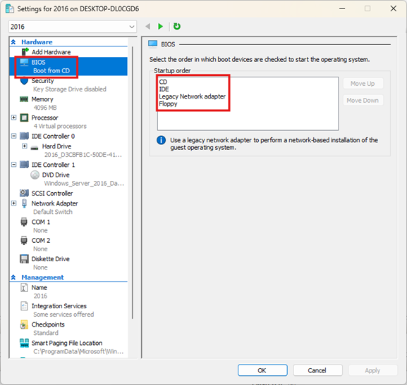 HYPER-V 管理コンソールの仮想マシン (VM) 設定のスクリーンショット。BIOS が強調表示されており、上部に [CD] オプションが強調表示されている [スタートアップ順序] が表示されています。