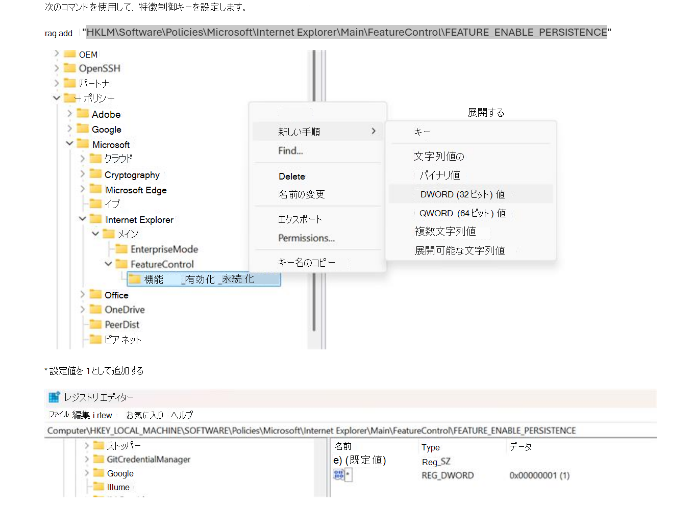 機能コントロール レジストリ キーを作成する手順を示すスクリーンショット