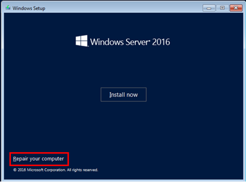 [コンピューターの修復] オプションが強調表示されているWindows Server 2016の Windows セットアップのスクリーンショット。