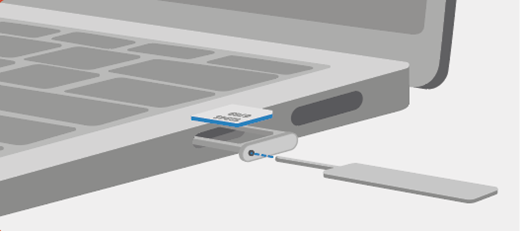 SIM トレイが拡張され、SIM カードがトレイに配置されている Surface Laptop 5G の右側を示す図。この図は、SIM イジェクター ツールをトレイの外側の小さな穴に配置して、トレイを開く方法を示しています。