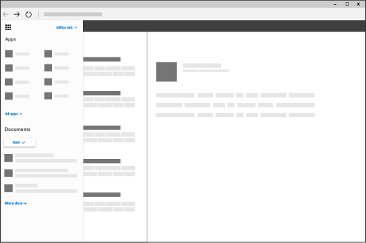 ブラウザーのウィンドウ。Office 365 アプリ起動ツールを開いています。