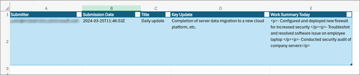 同期された送信データを示す Excel ファイルの例