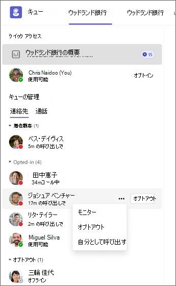 エージェントの状態と、監視、オプトアウト、または呼び出しのオプションを示すキュー管理システム。