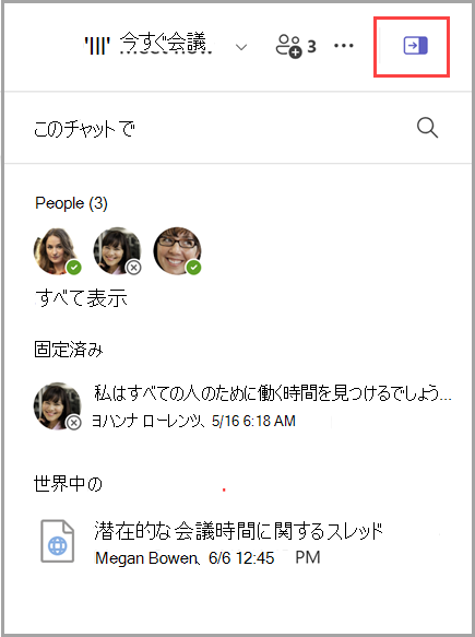 3 人、ピン留めされたメッセージ、1 つの共有ドキュメントの一覧を含むチャット情報ウィンドウを表示する方法のスクリーンショット。