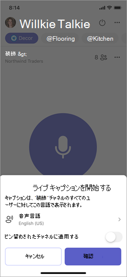 ライブ キャプションをオンにするときのオプションを示すスクリーンショット