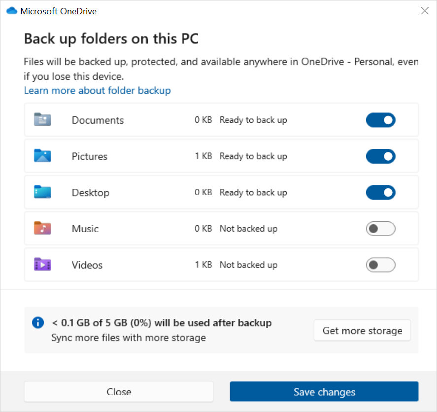 Windows 10の OneDrive Backup のスクリーンショット。