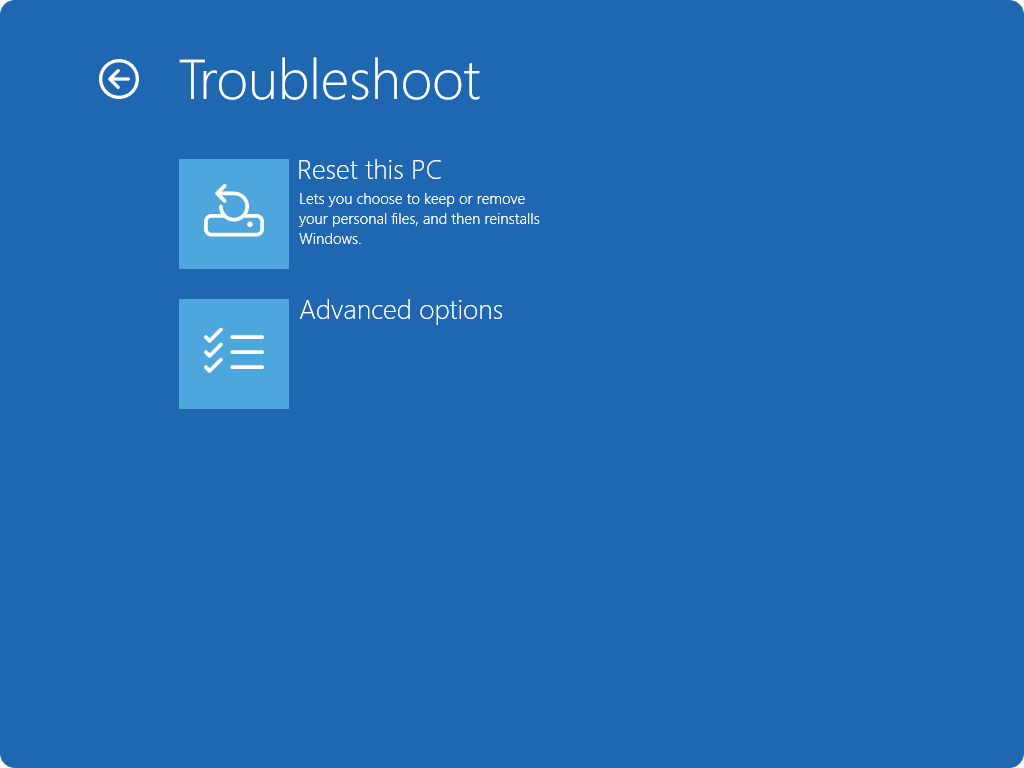 [Windows RE - トラブルシューティング] 画面のスクリーンショット。
