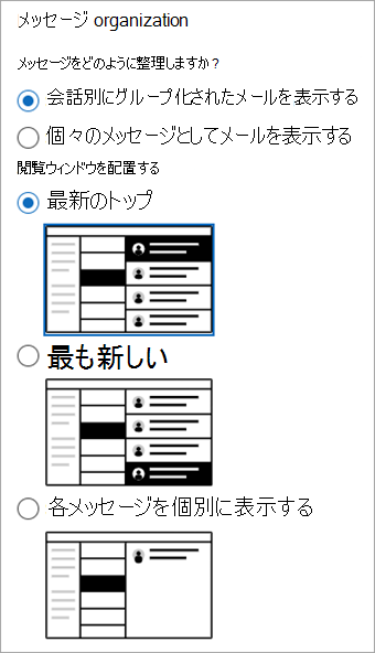メッセージ organization セクションを示す [設定] > [メール>レイアウト] セクションのスクリーンショット