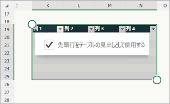 [先頭行を見出しとして使用する] チェック ボックスがオンのテーブル