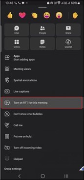 Android での Teams 会議のその他のアクション。
