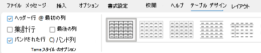 Outlook のリボンで選択されている [テーブル ヘッダー] オプション。