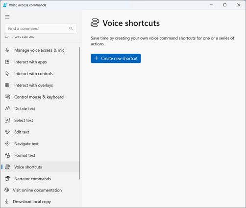 [新しいショートカットの作成] ボタンが表示された [音声ショートカット] ページ。