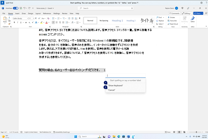 スペル チェック ウィンドウは、Word アプリケーションの上に浮かび上がっており、空のテキスト ボックスと、キーボードを表示したり、番号ラベルで取り消したりするためのオプションが表示されます。