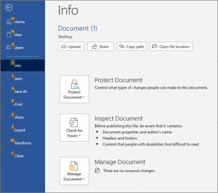 Windows 用Wordの [ファイル] メニューの [情報] ページ